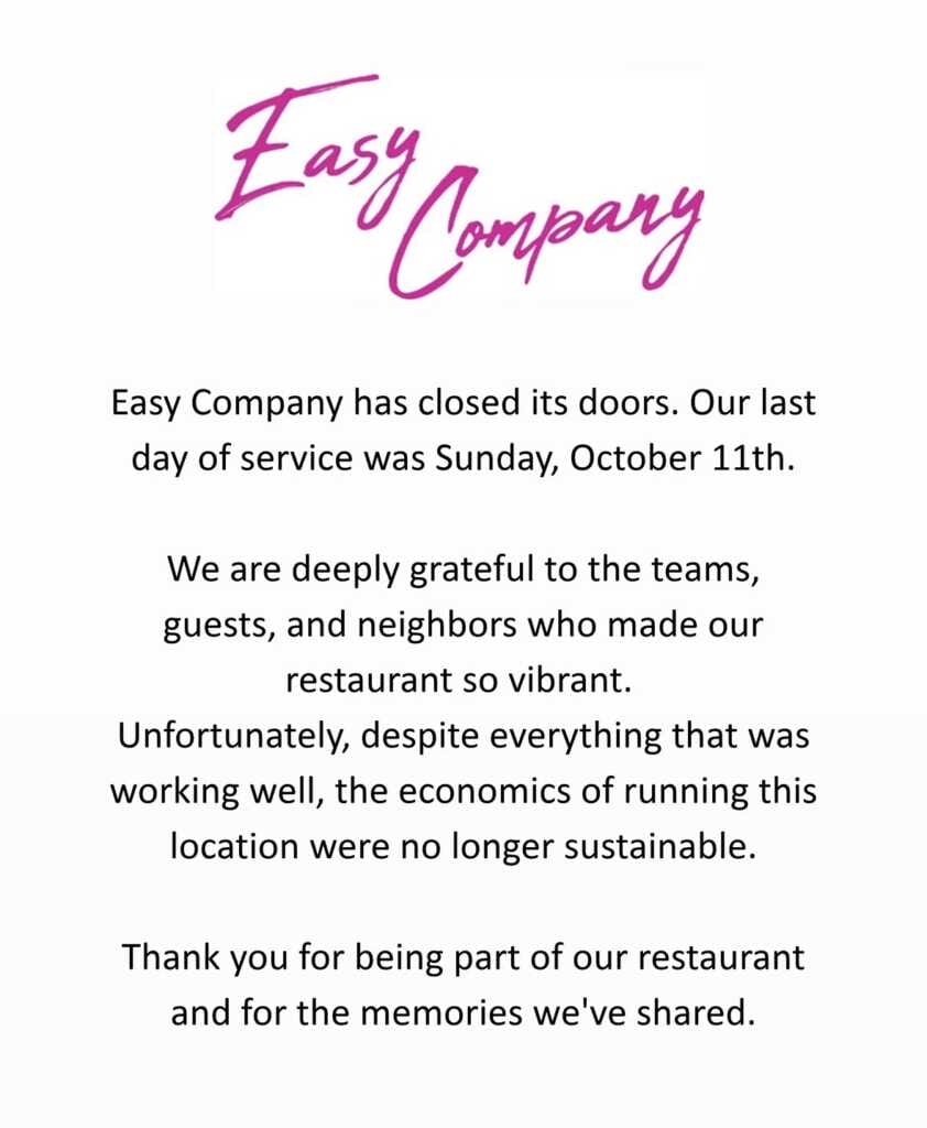 So in fact it wasn’t a “water leak”, Easy Company has announced their permanent closure on the Wharf — PoPville DC